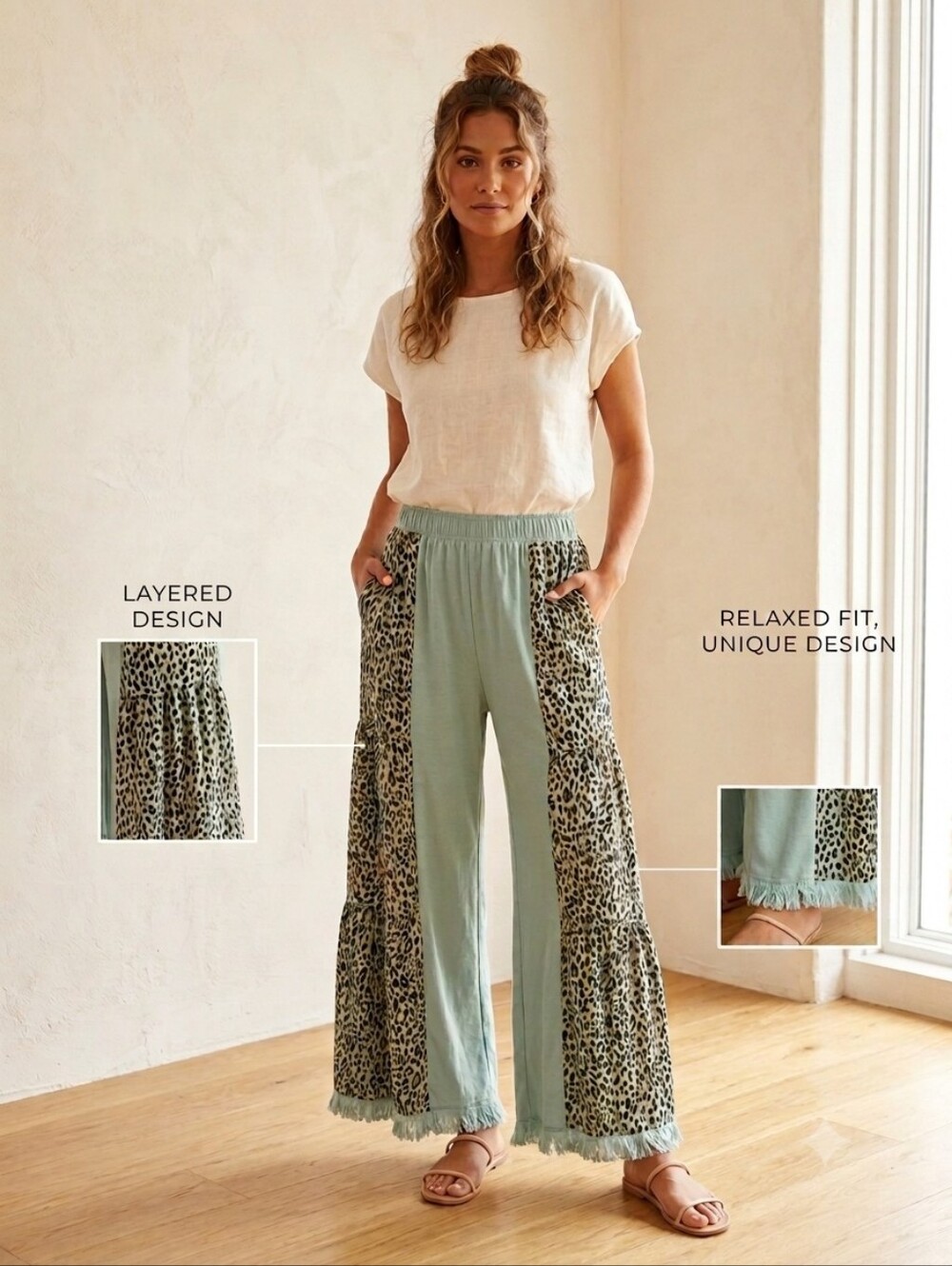 Umgee Sage Green Leopard-Panel Pants